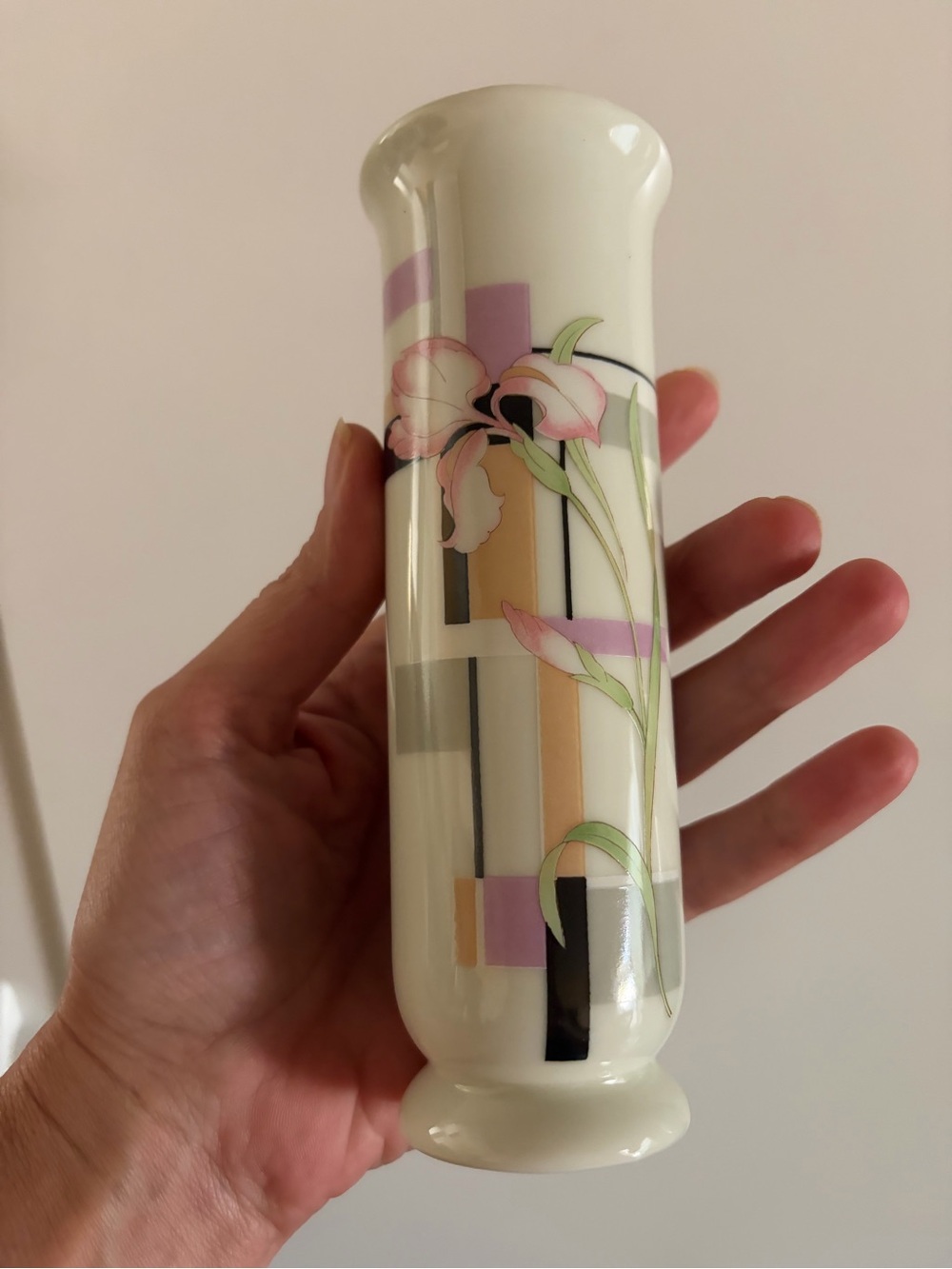 Russ Porcelain Bud Vase with Pink Floral and Geometric Accents